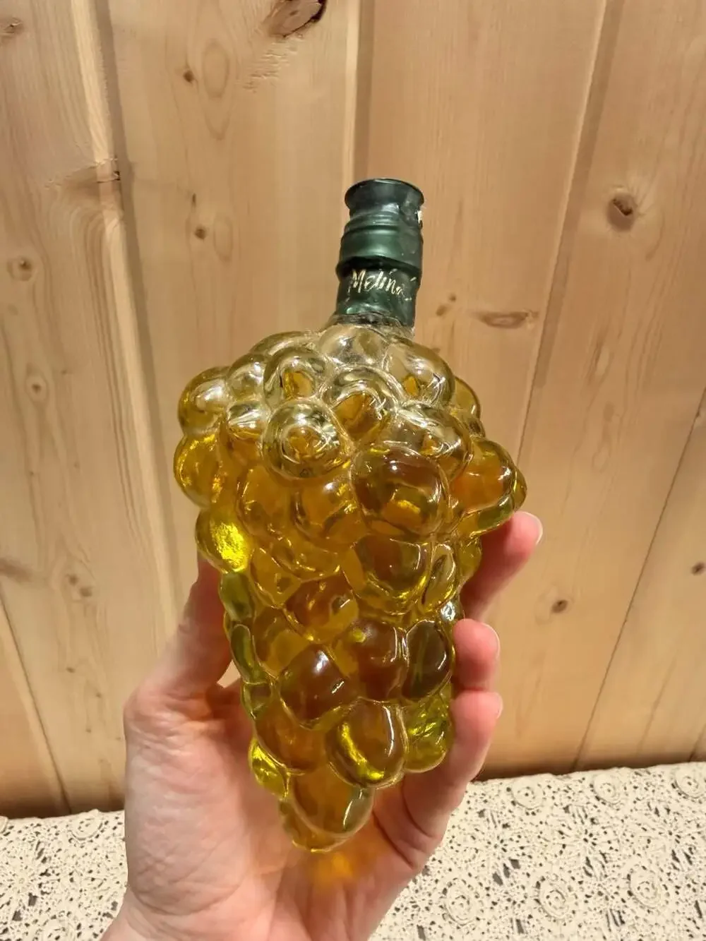 Vintage Italian Olive Oil Glass Grape Cluster Decanter Cork Bottle Sealed Decor
